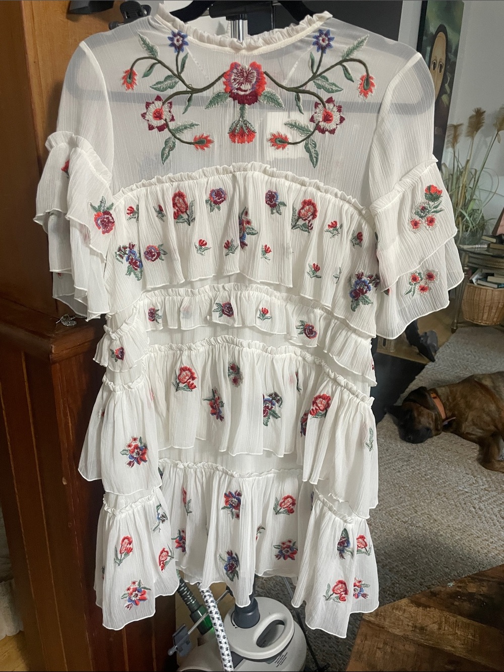 Zara White Ruffle Tunic with Multicolor Floral Embroidery